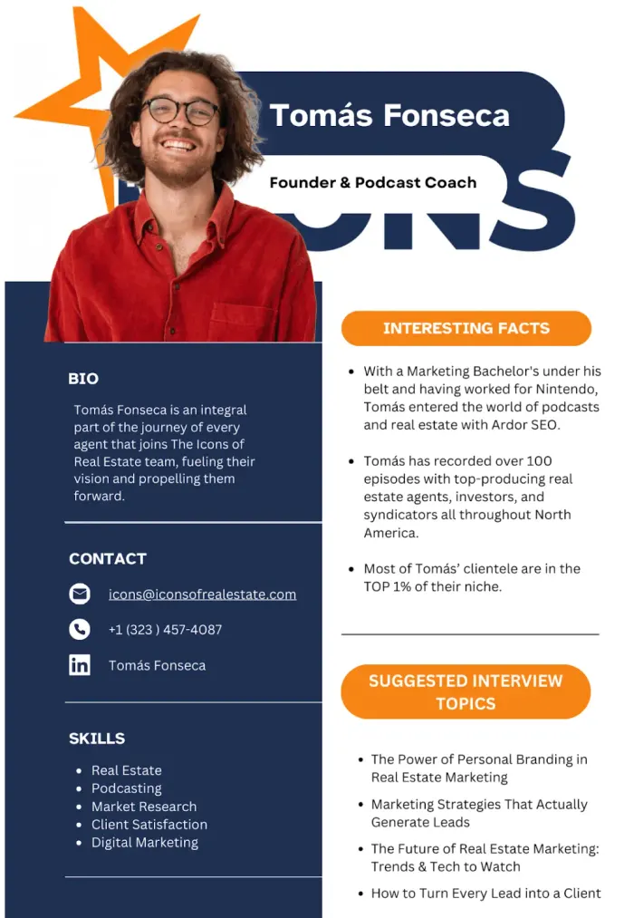 Sample one-sheet designed by Icons of Real Estate for Tomas Fonseca, showing bio, contact, skills and suggested interview topics