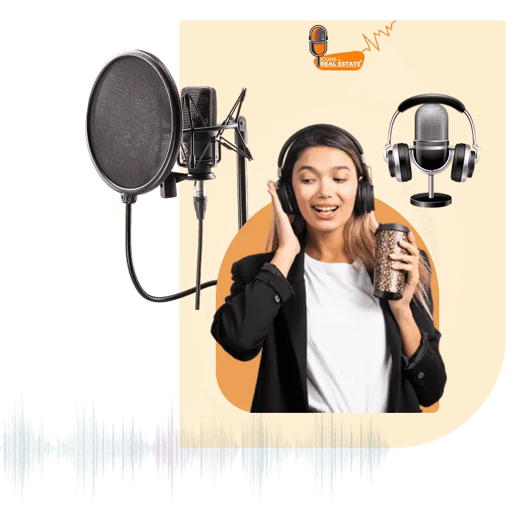 Podcast host wearing headphones in a studio with a microphone and pop filter