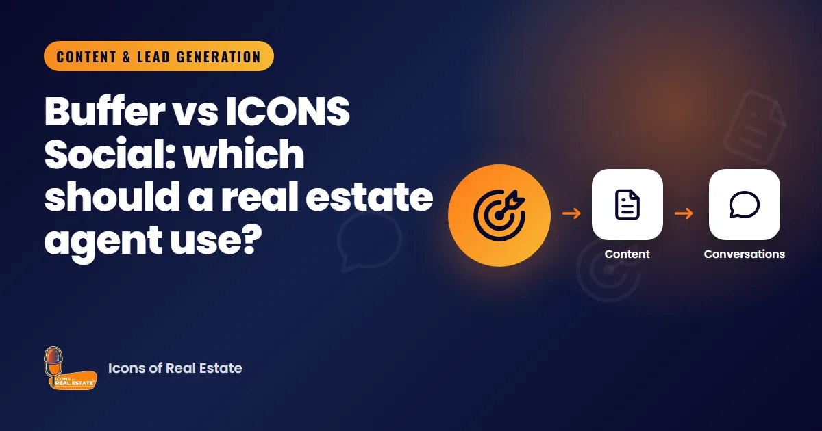Illustration of a social media calendar and a podcast microphone for the guide comparing Buffer and ICONS Social for real estate agents