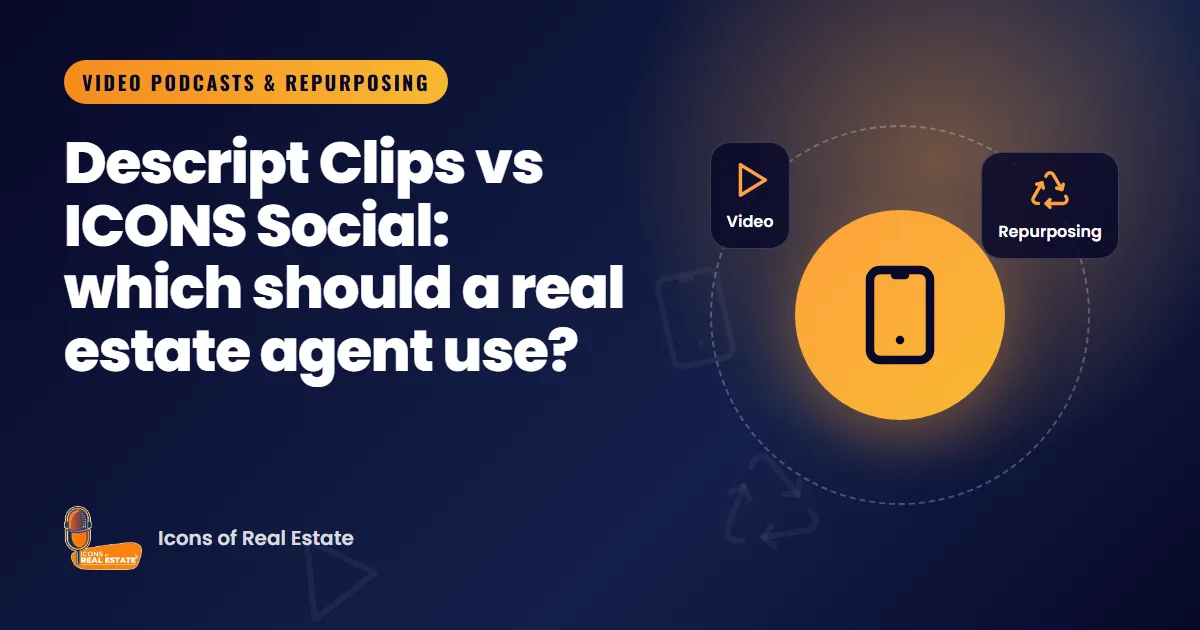 Illustration comparing a clip-making editor with an approve-and-post social tool for a real estate agent's podcast episode
