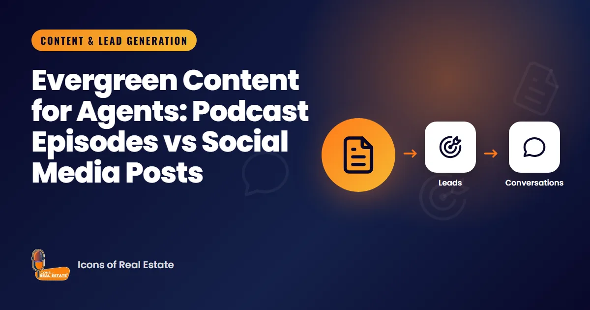 Illustration for an article comparing evergreen podcast episodes with social media posts for real estate agents