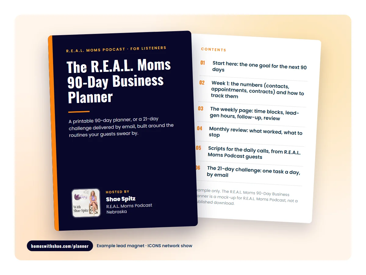 Mock cover of The R.E.A.L. Moms 90-Day Business Planner, an example lead magnet for R.E.A.L. Moms Podcast