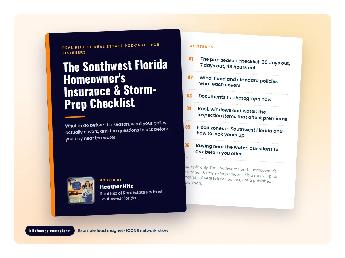 Mock cover of The Southwest Florida Homeowner's Insurance & Storm-Prep Checklist, an example lead magnet for Real Hitz of Real Estate Podcast