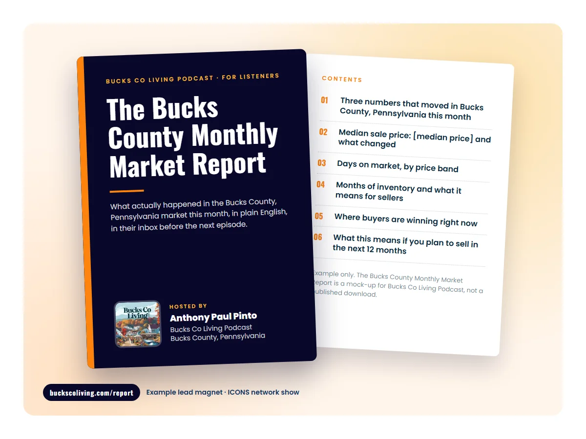 Mock cover of The Bucks County Monthly Market Report, an example lead magnet for Bucks Co Living Podcast