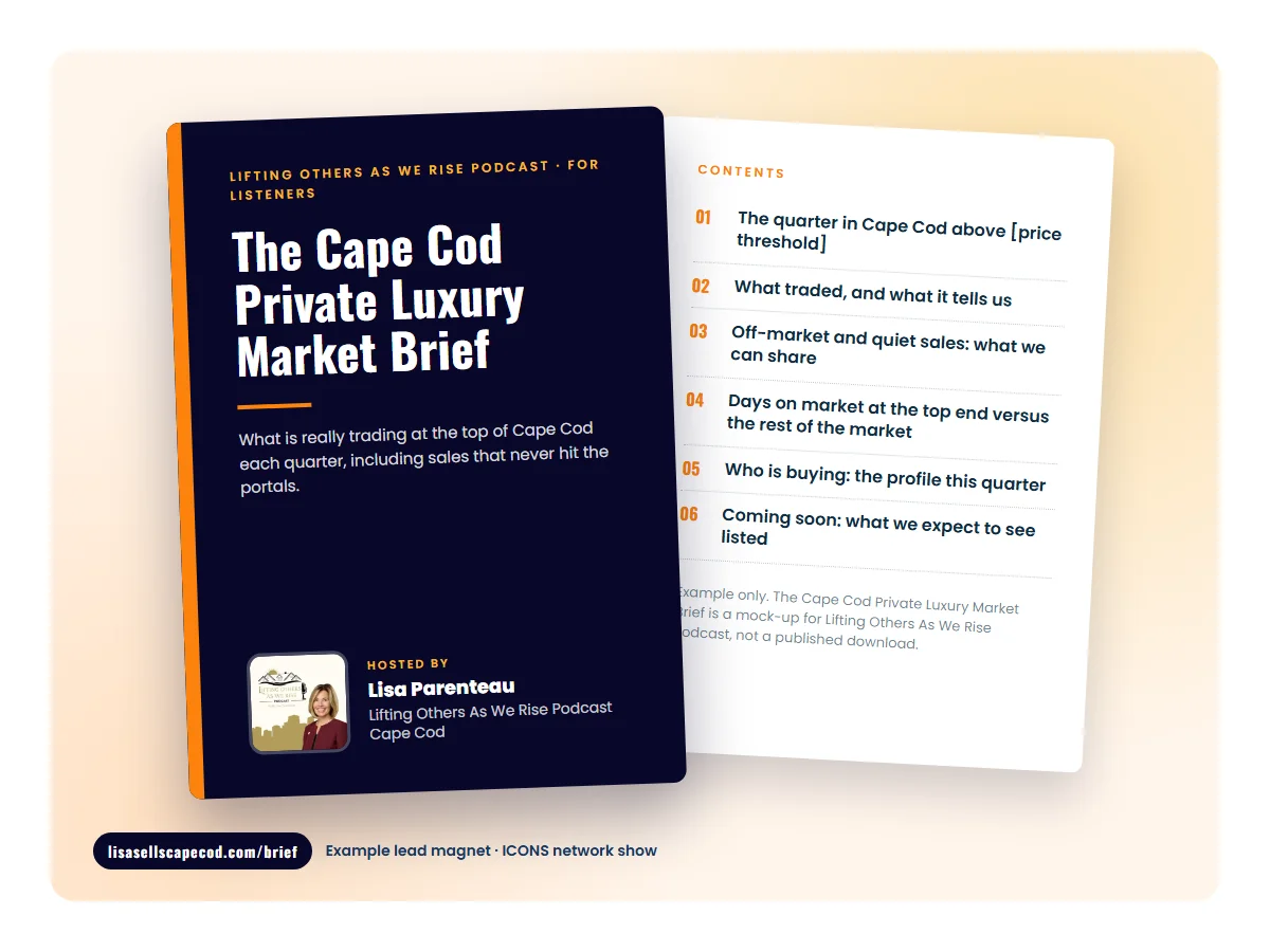 Mock cover of The Cape Cod Private Luxury Market Brief, an example lead magnet for Lifting Others As We Rise Podcast