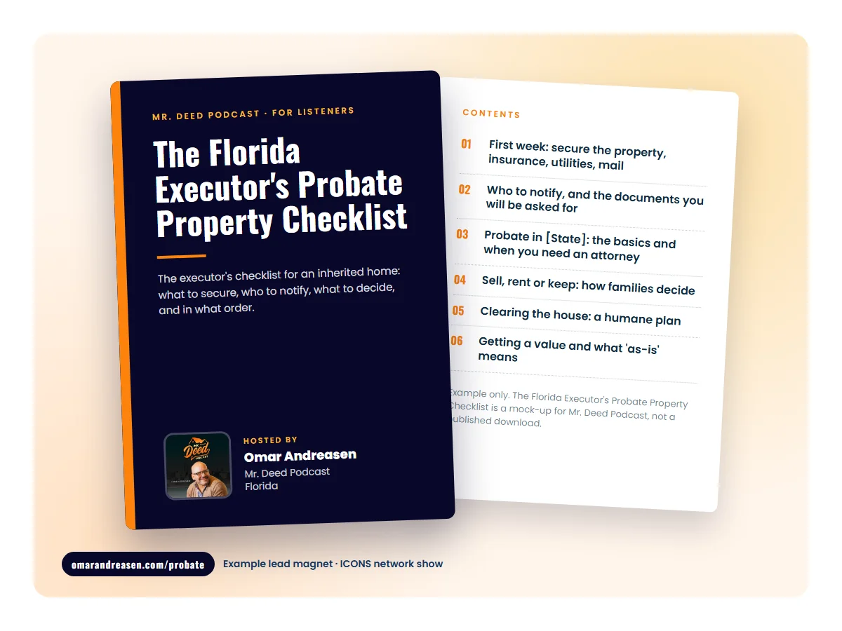 Mock cover of The Florida Executor's Probate Property Checklist, an example lead magnet for Mr. Deed Podcast