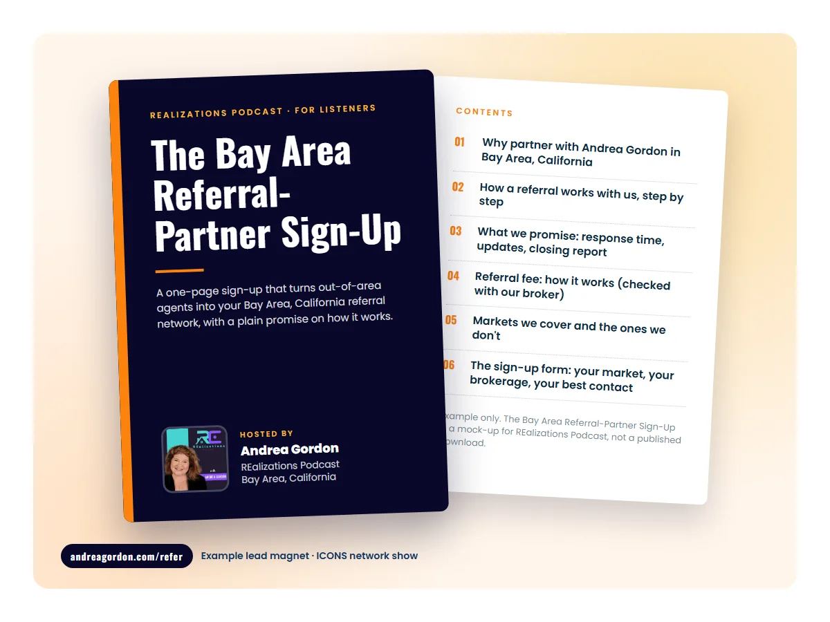 Mock cover of The Bay Area Referral-Partner Sign-Up, an example lead magnet for REalizations Podcast
