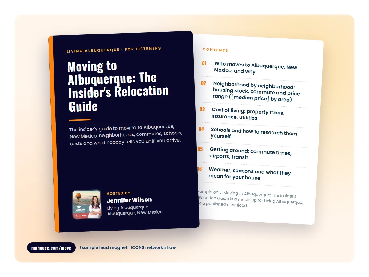 Mock cover of Moving to Albuquerque: The Insider's Relocation Guide, an example lead magnet for Living Albuquerque