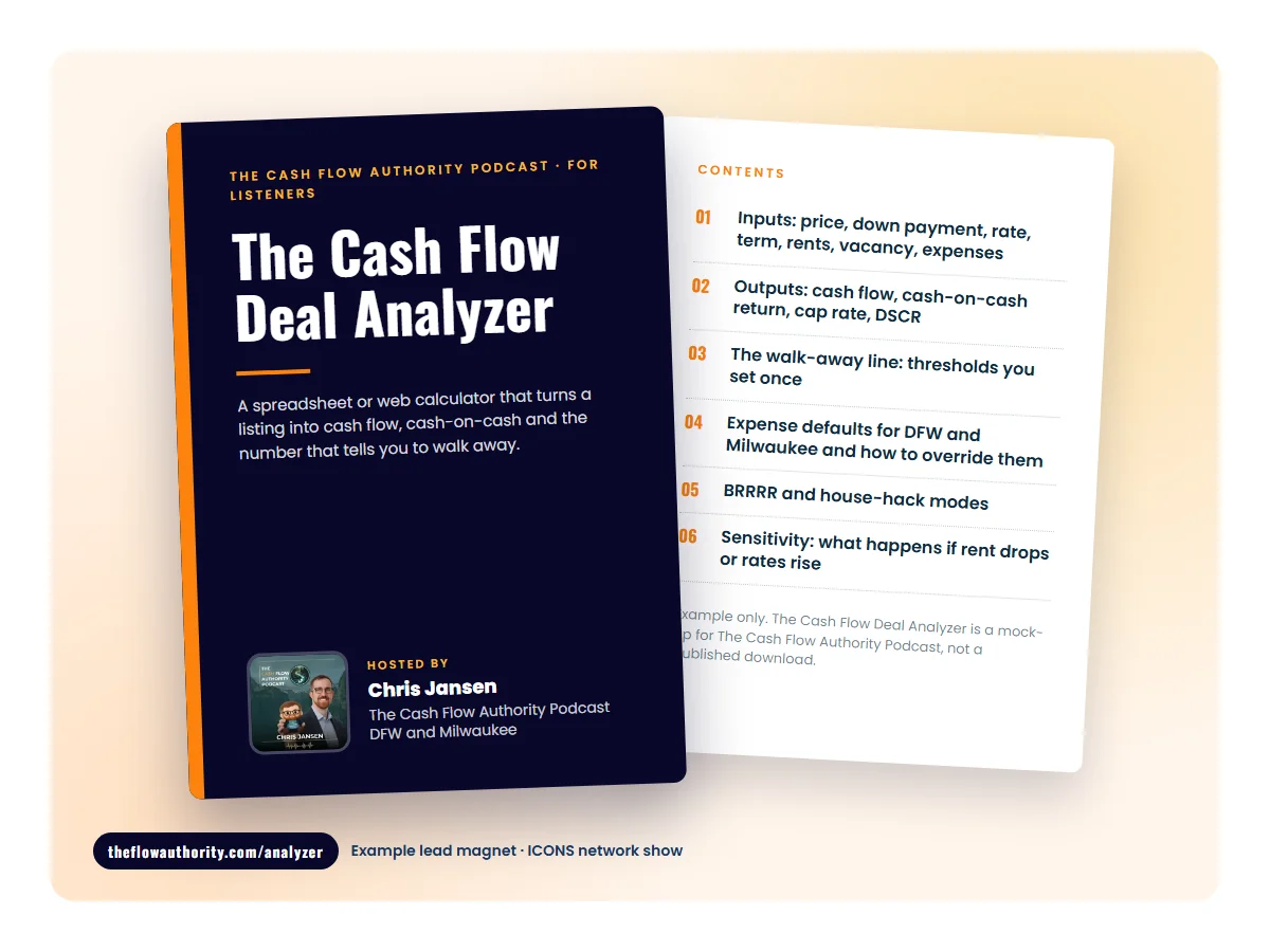 Mock cover of The Cash Flow Deal Analyzer, an example lead magnet for The Cash Flow Authority Podcast