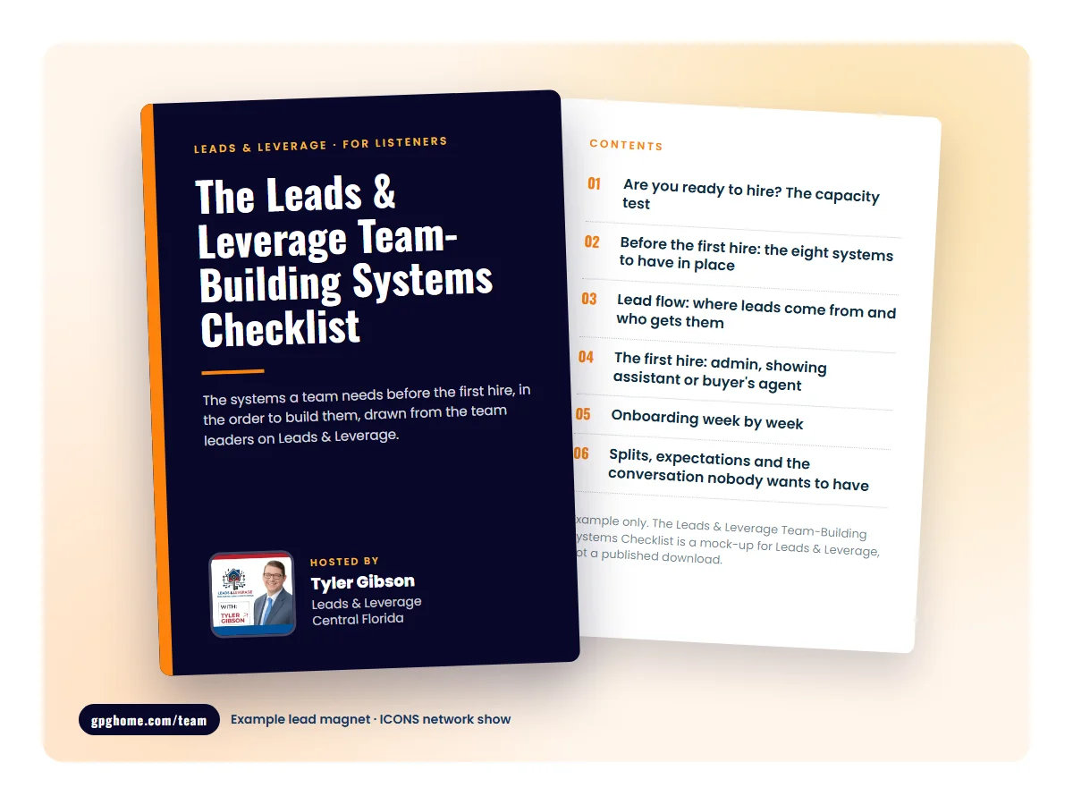 Mock cover of The Leads & Leverage Team-Building Systems Checklist, an example lead magnet for Leads & Leverage