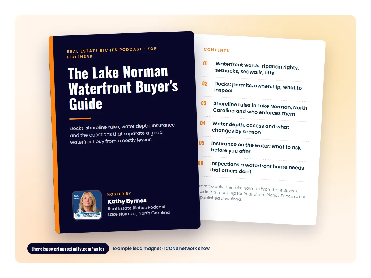 Mock cover of The Lake Norman Waterfront Buyer's Guide, an example lead magnet for Real Estate Riches Podcast