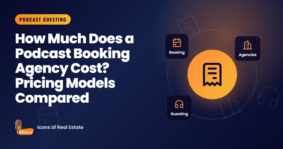 Illustration with budget, booking, agencies and guesting icons for the guide: How Much Does a Podcast Booking Agency Cost? Pricing Models Compared