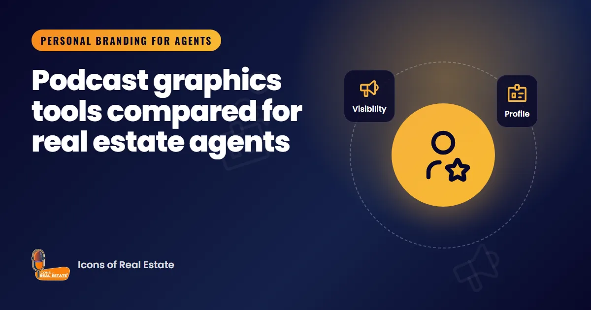 Illustration with brand, visibility and profile icons for the guide: Podcast graphics tools compared for real estate agents