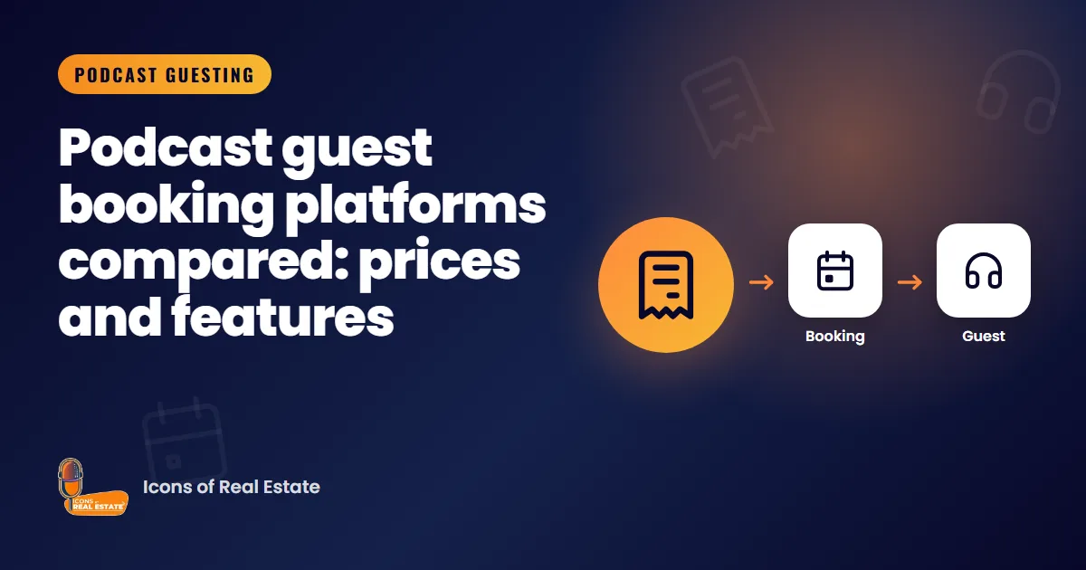 Illustration with budget, booking and guest icons for the guide: Podcast guest booking platforms compared: prices and features