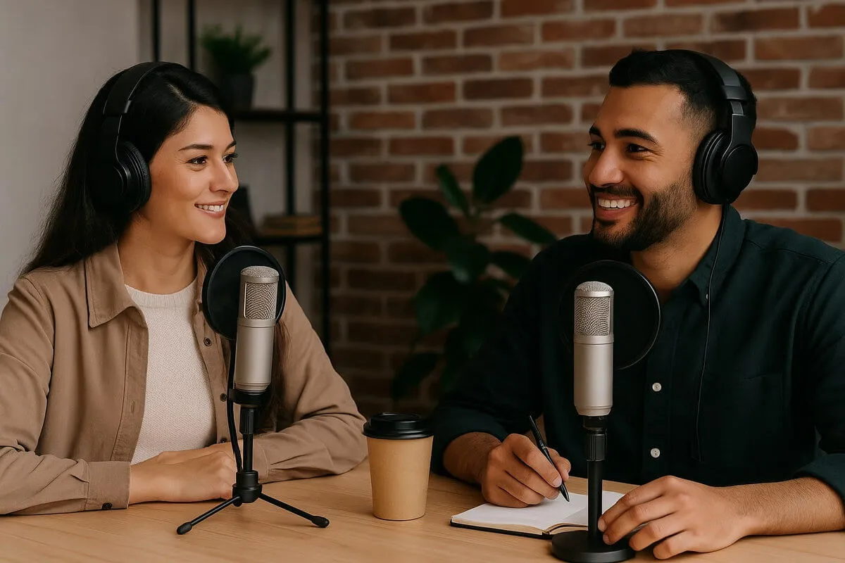 two podcast hosts talking at a wooden table, both wearing headphones and speaking into microphones, with a coffee cup and notebook nearby.