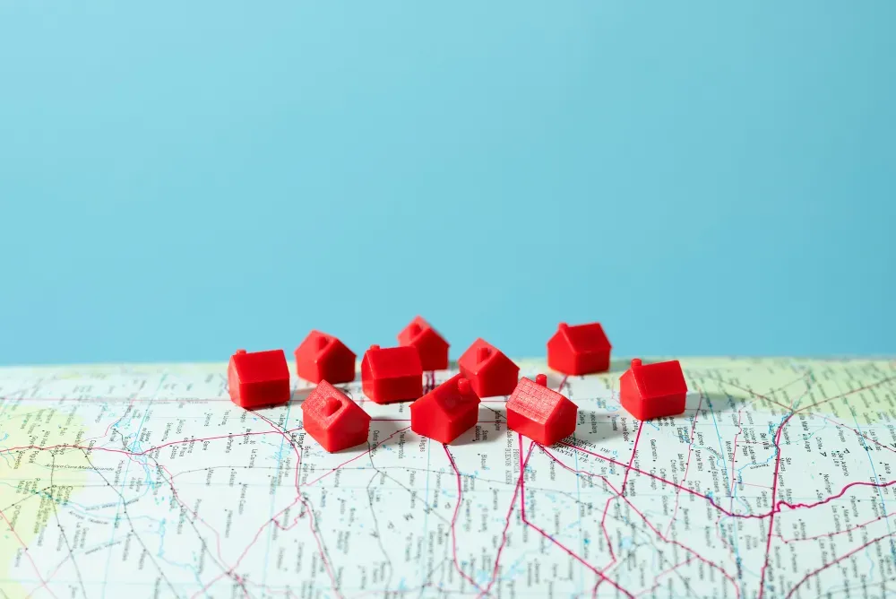 Close up on tiny houses on map