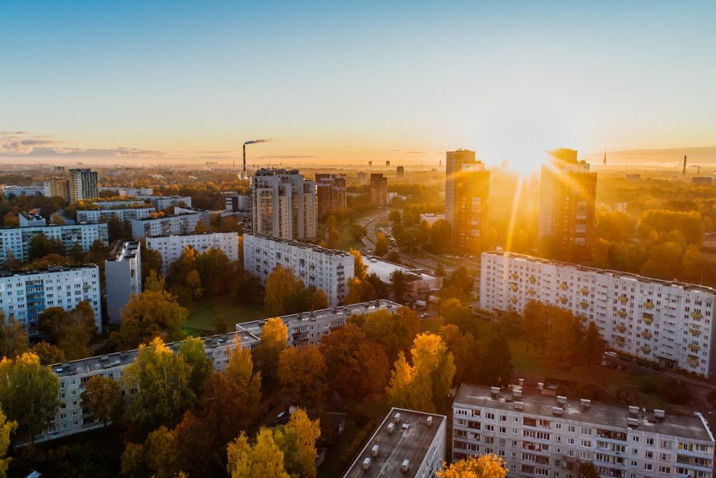 Aerial View of White Concrete Buildings during Golden Hours