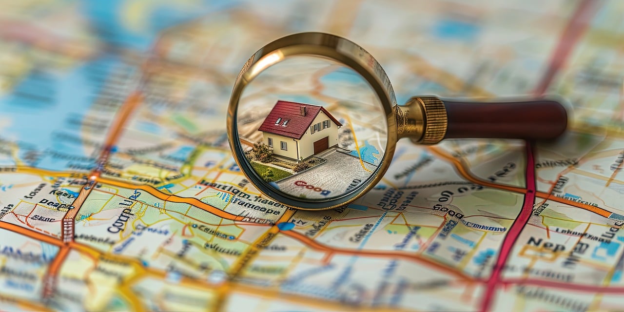 a magnifying glass focusing a miniature house on a map, illustrating what is real estate SEO