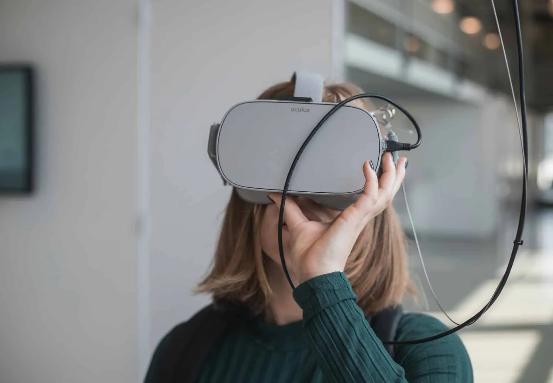 Person with a VR headset on their head.
