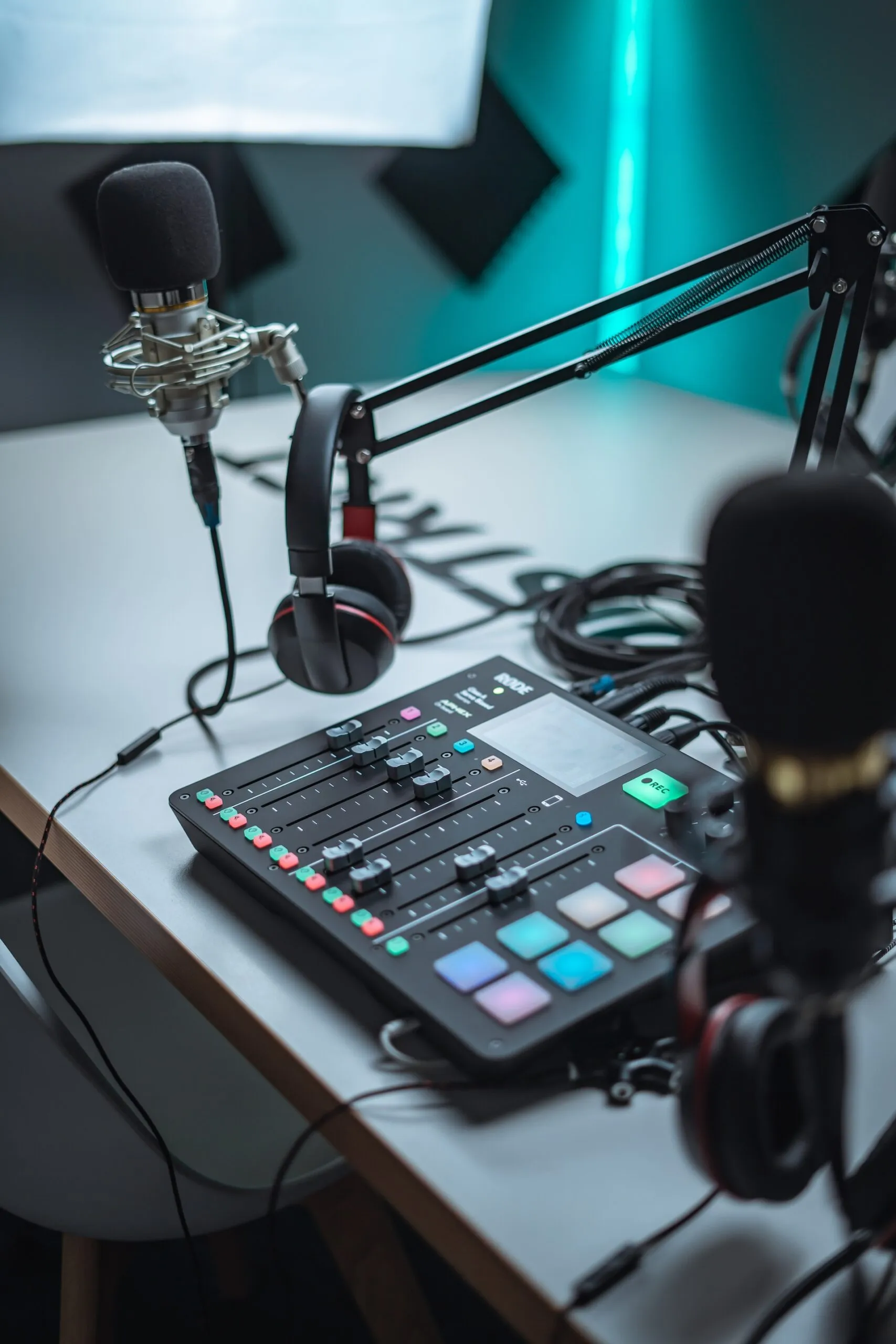 Podcasting equipment on a table about to be used by real estate professionals.