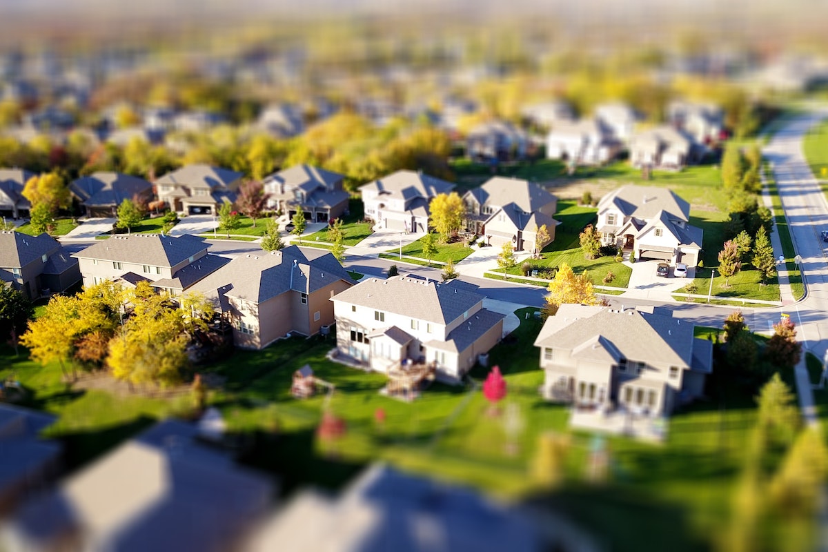 An aerial view of a suburban neighborhood.