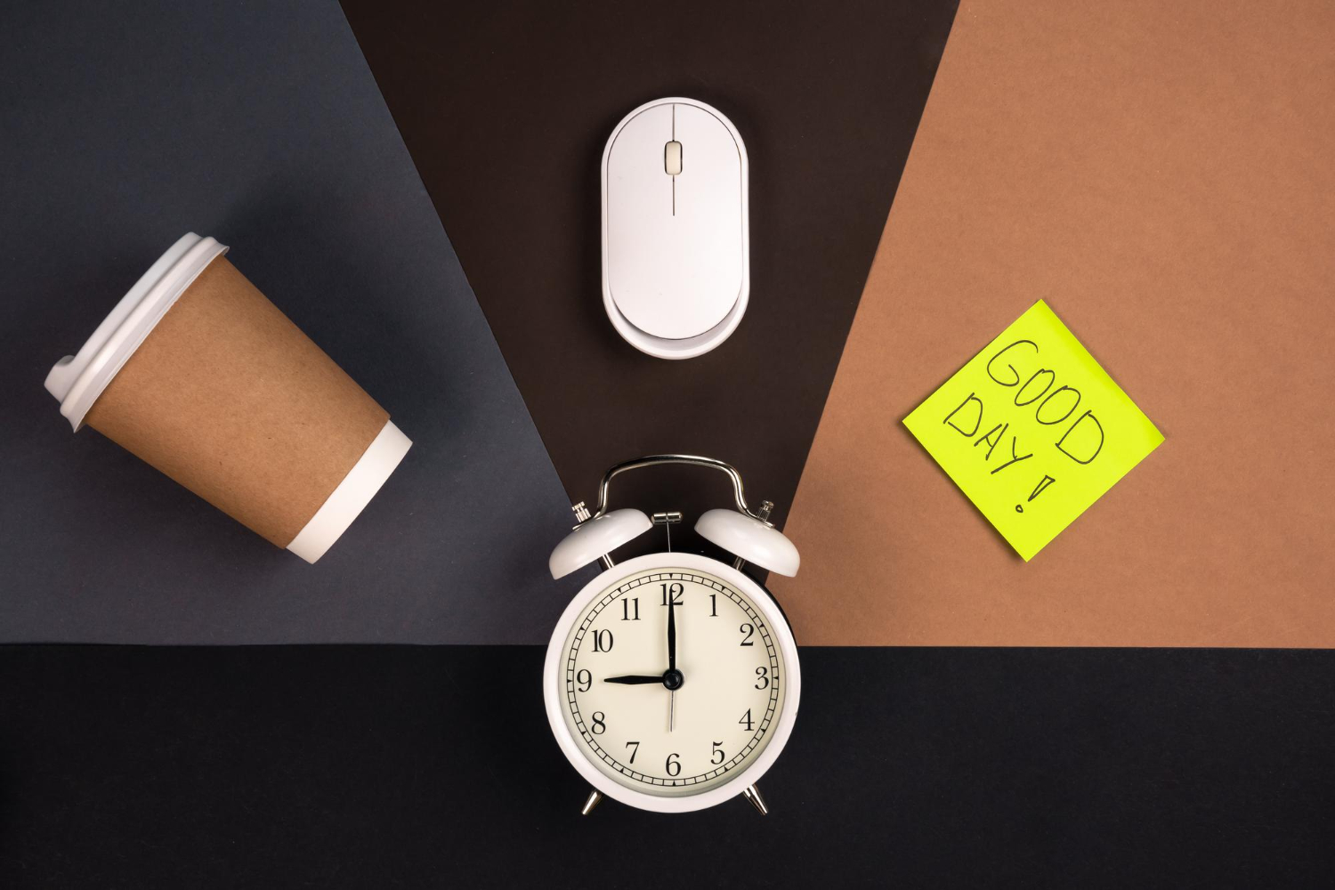 Alarm clock computer mouse paper cup and bright paper sticker top view