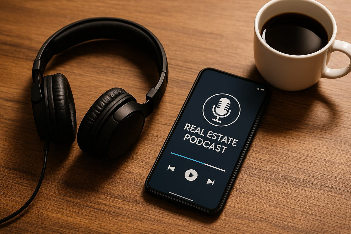 A photo of black over-ear headphones, a smartphone displaying a real estate podcast app, and a white coffee mug with black coffee on a wooden table