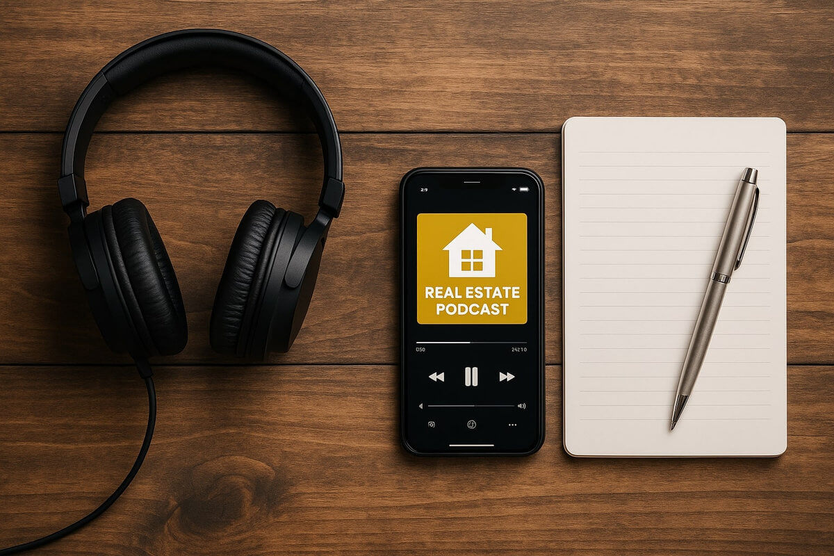 A photo of black over-ear headphones, a smartphone showing a real estate podcast, and a white notepad with a silver pen on a wooden table.