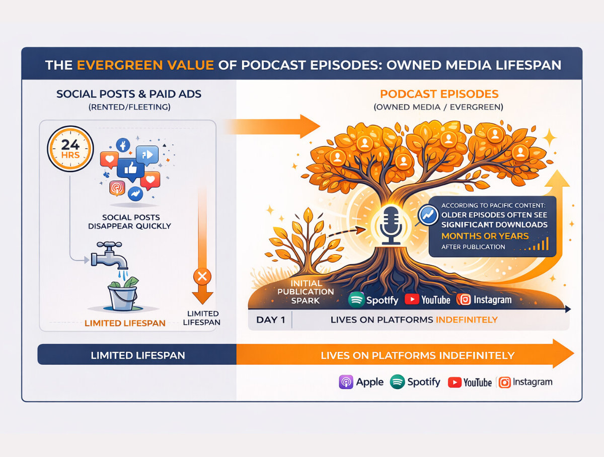 Infographic about the evergreen value of podcasts compared to other short form content.