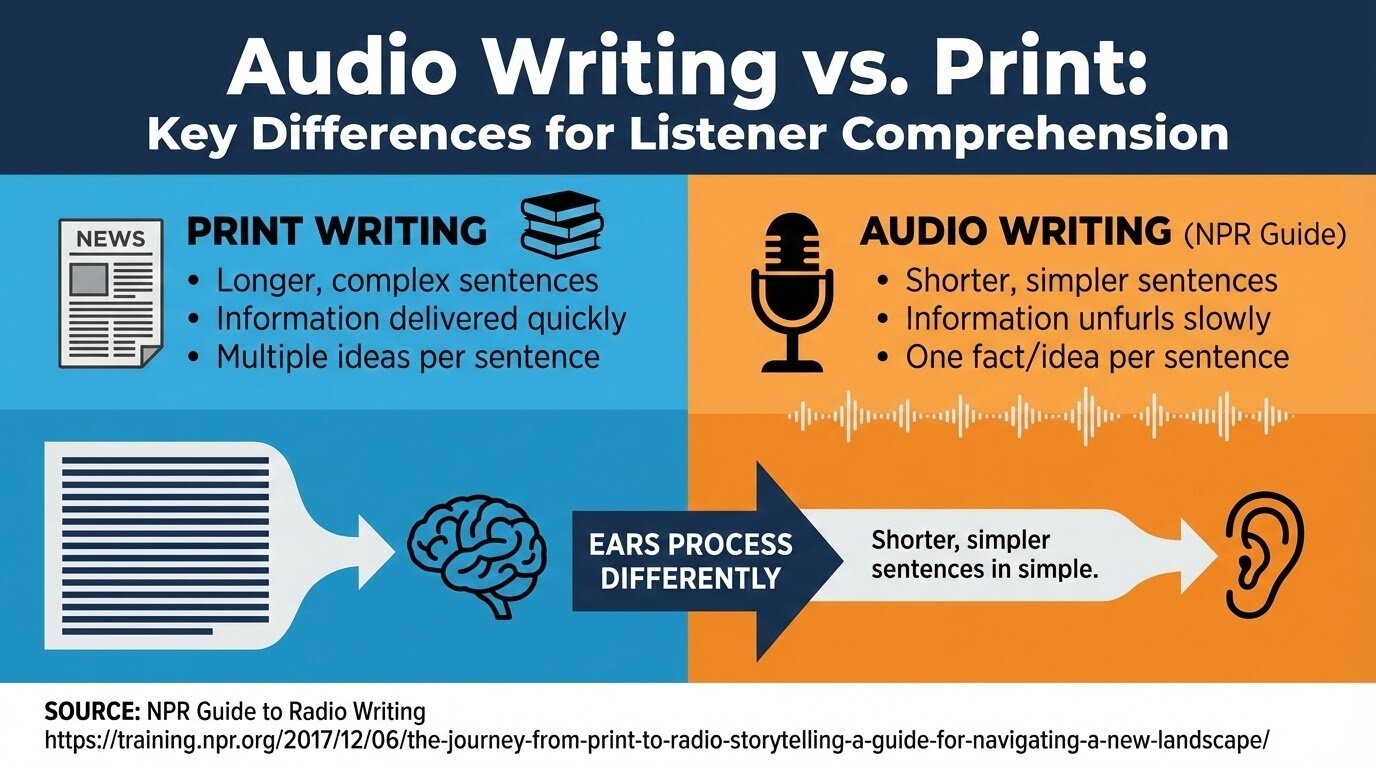Podcast writing guide graphic short, spoken-word sentences and one idea per sentence for audio. Source NPR Training.