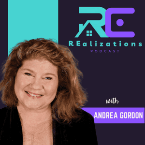 Podcast cover art featuring Andrea Gordon for the Realizations podcast, showcasing professional branding and an example of how to start a podcast to build authority and personal connections.