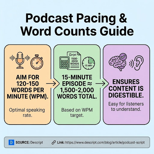 Learn the ideal pace for your podcast script. Aim for 120-150 WPM. A 15-minute episode needs 1,500-2,000 words, manageable with a clear outline.