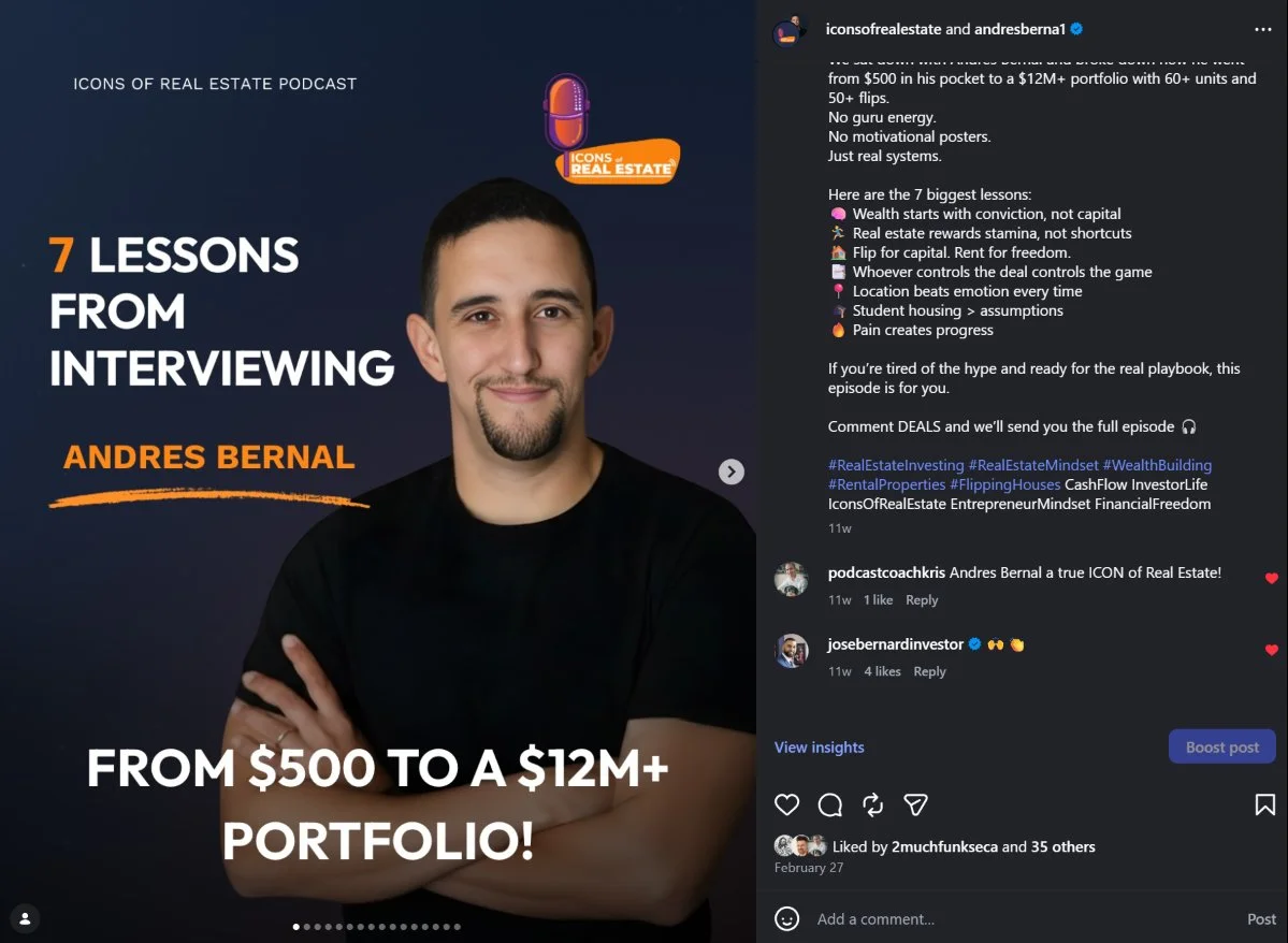 Andres Bernal Instagram carousel post from Icons of Real Estate showing 7 Lessons from Interviewing