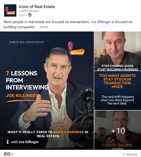 Joe Killinger LinkedIn carousel post from Icons of Real Estate