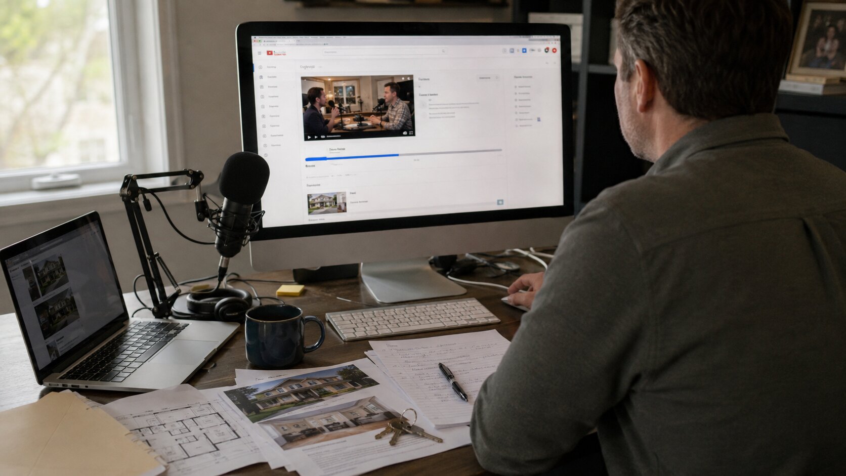 A podcast creator at a desktop computer learning how to start a podcast on YouTube from a home workspace.