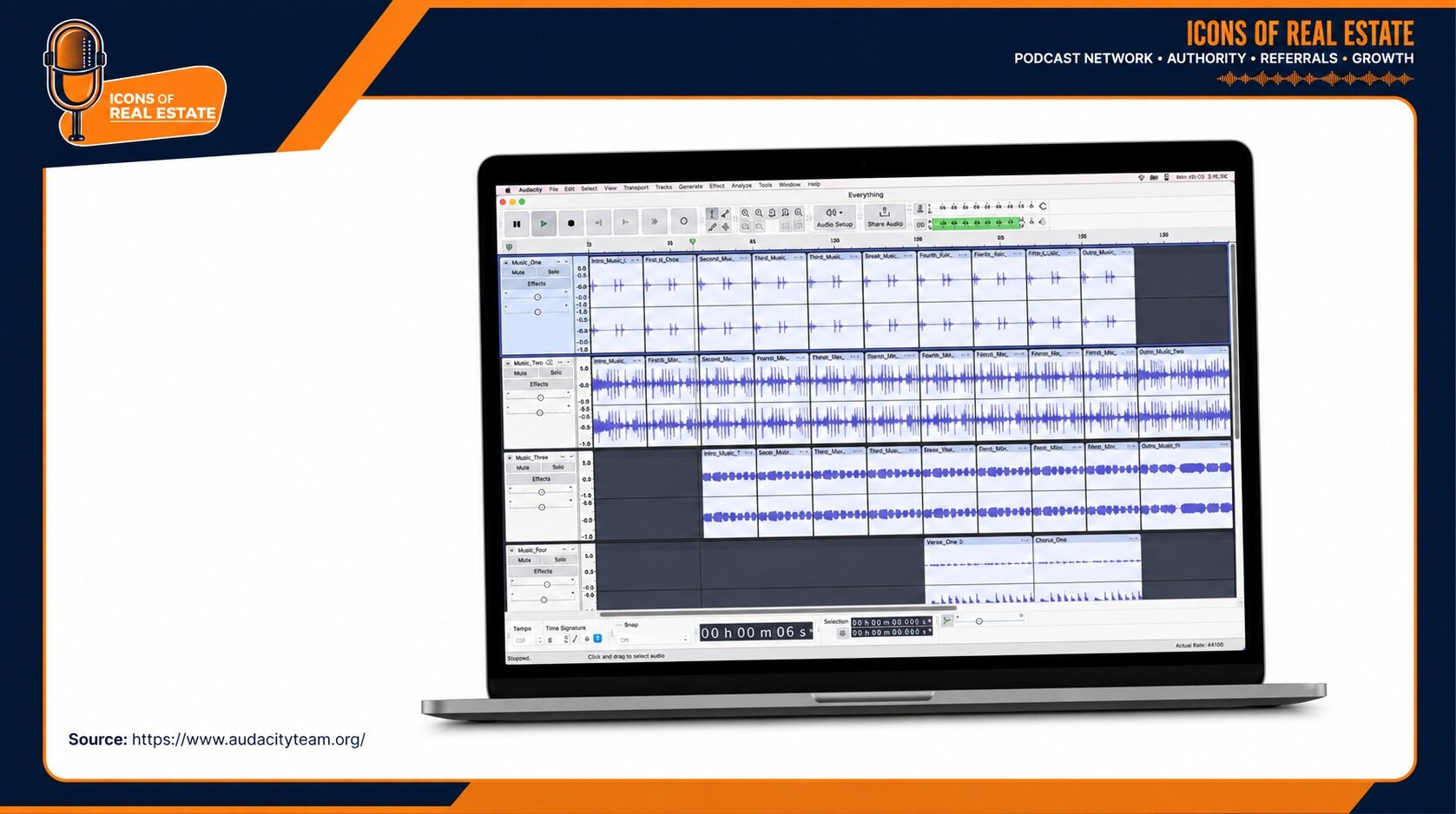 Audacity audio-editing software displayed on a laptop for people learning how to start a podcast on YouTube.