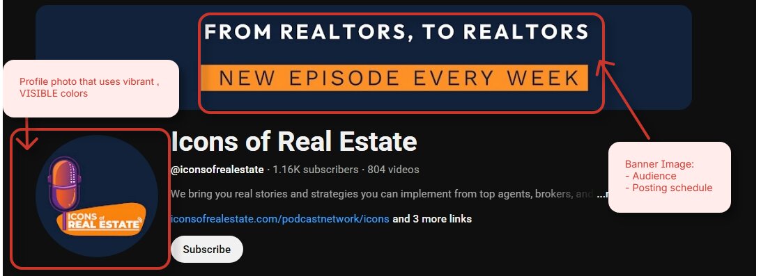 Branded Icons of Real Estate channel banner demonstrating how to start a podcast on YouTube professionally.