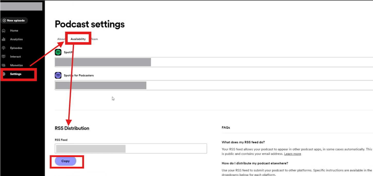 Copy the RSS feed from podcast settings after learning how to start a podcast on Spotify.