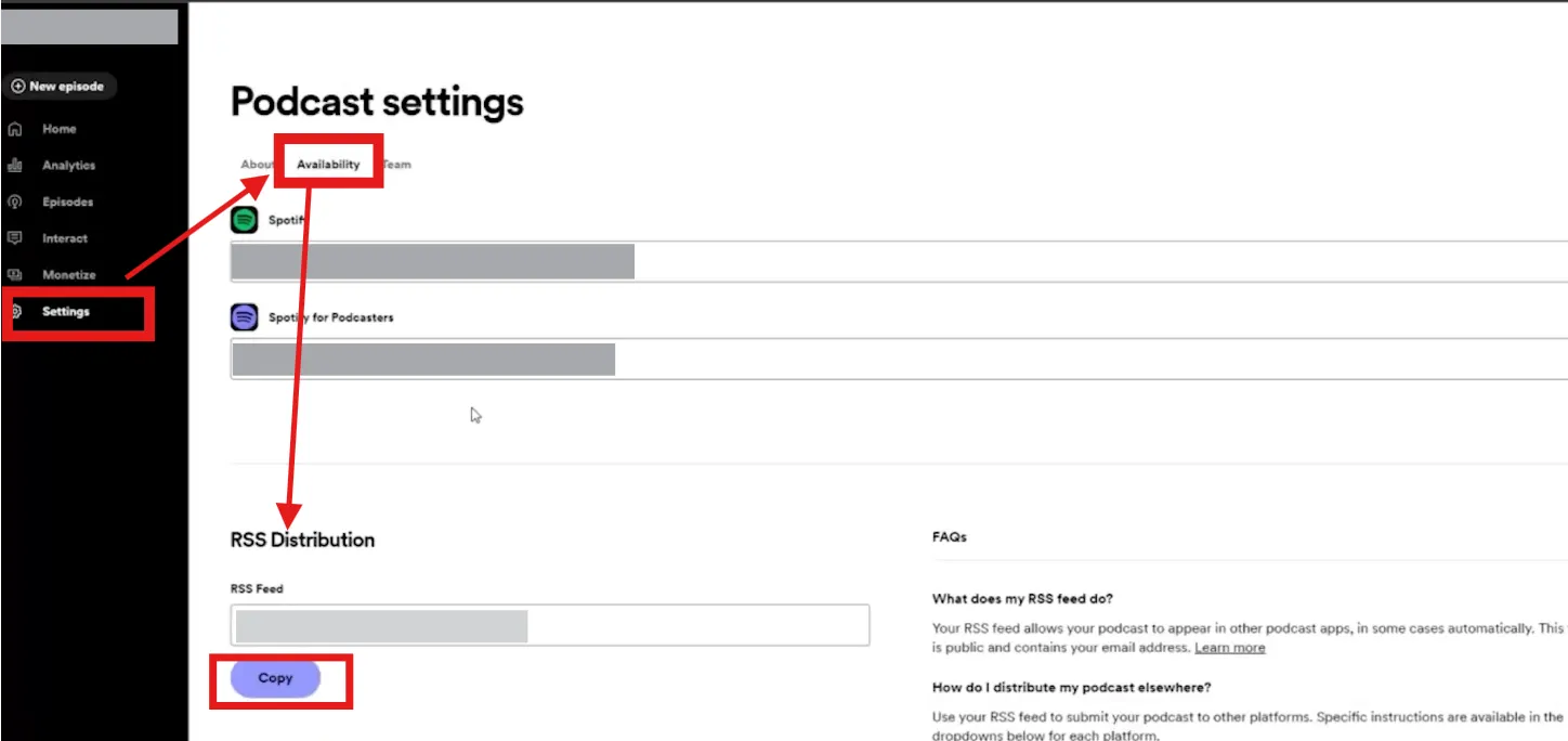 Copy the RSS feed from podcast settings after learning how to start a podcast on Spotify.