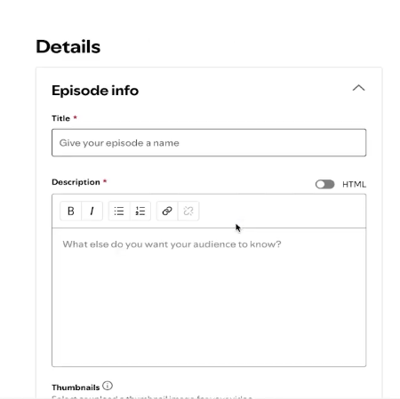 Enter an episode title and description while learning how to start a podcast on Spotify.