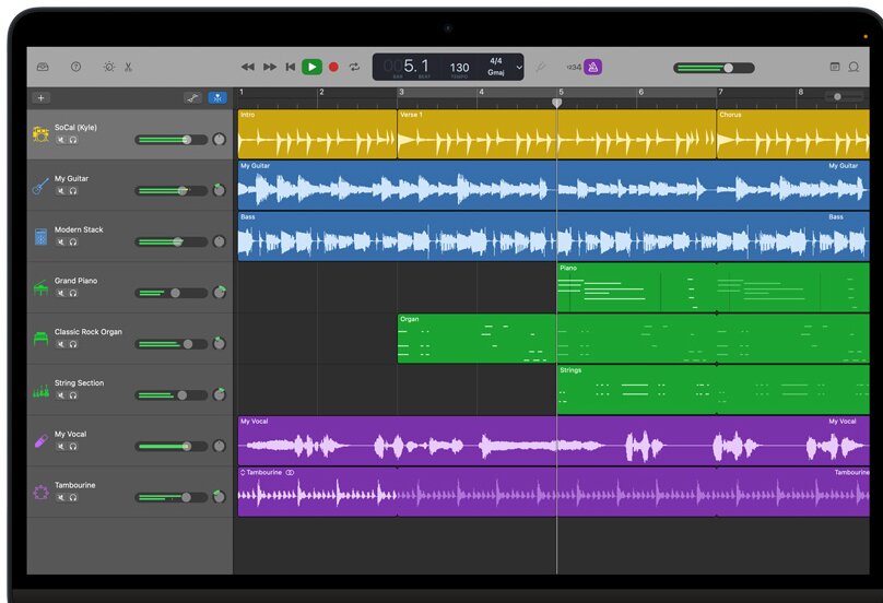 GarageBand multitrack editing interface used when learning how to start a podcast on YouTube with a Mac.
