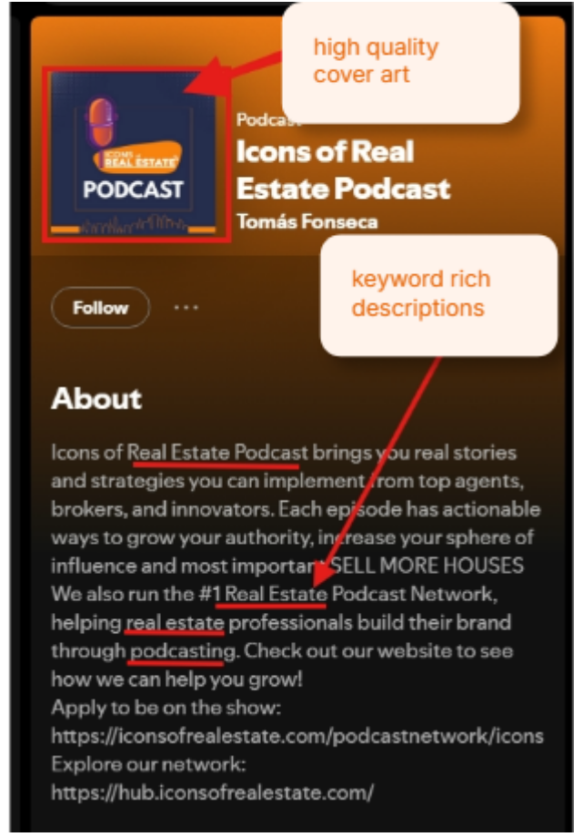 High-quality cover art and keyword-rich description for how to start a podcast on Spotify.