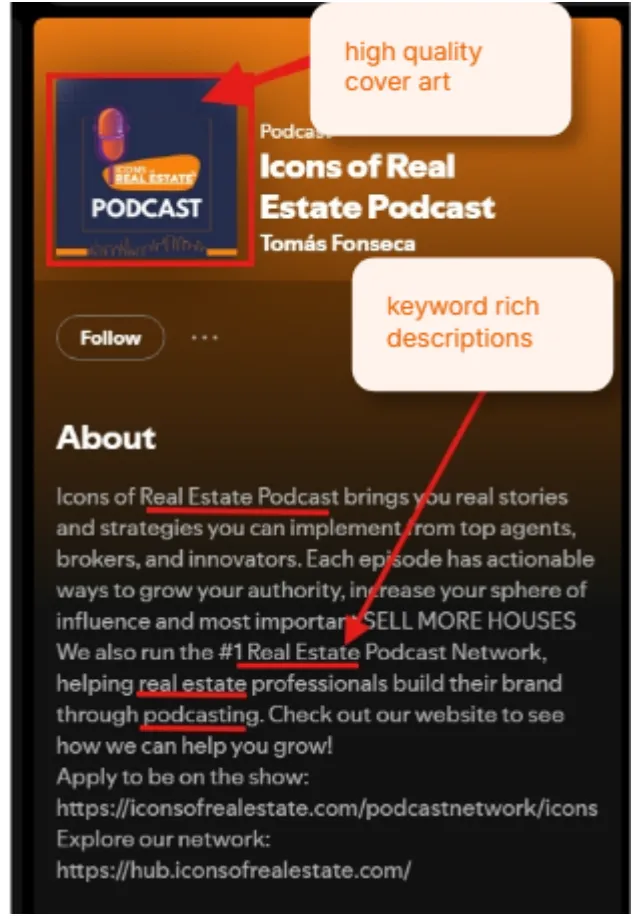 High-quality cover art and keyword-rich description for how to start a podcast on Spotify.