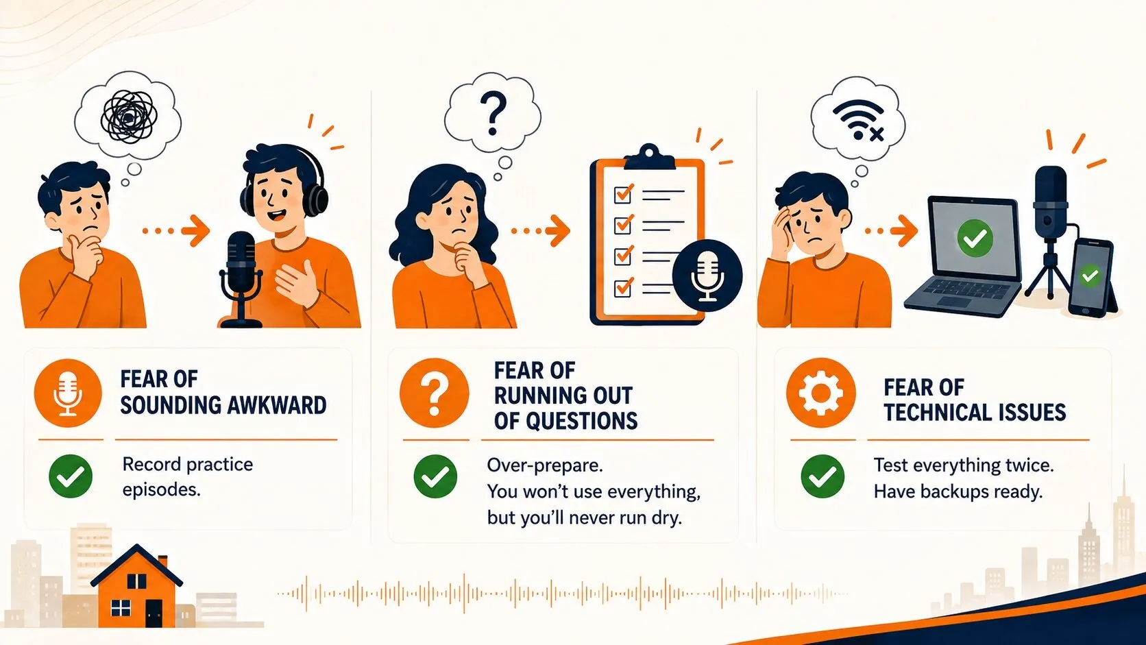 How to host a podcast despite fears of sounding awkward, running out of questions, or dealing with technical issues.