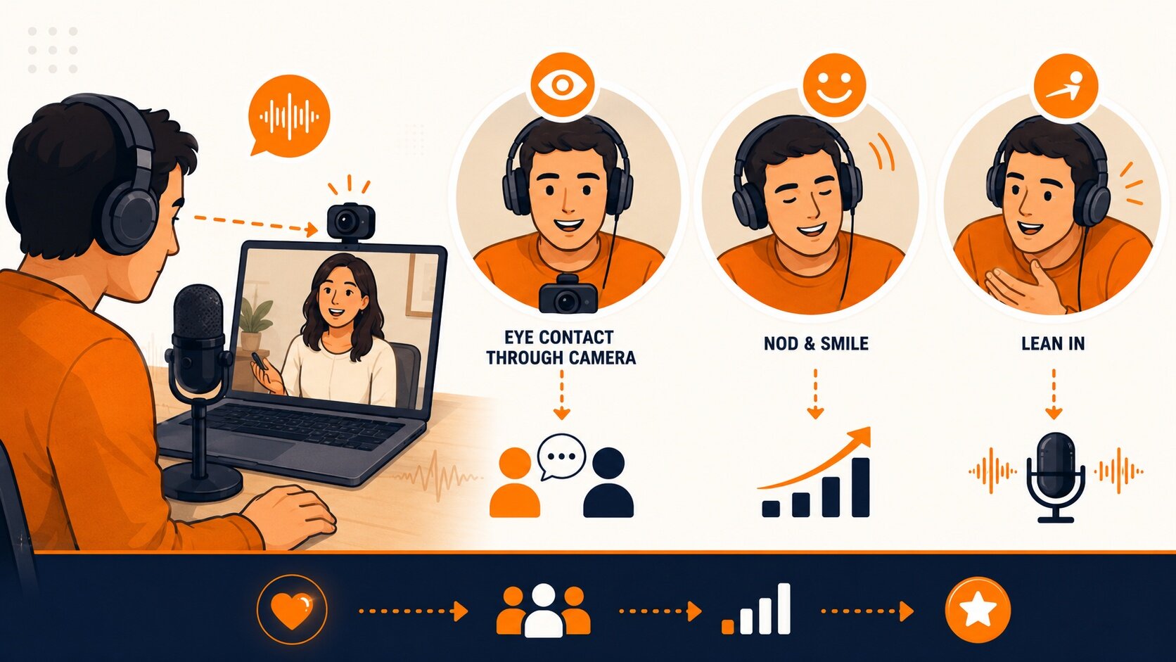 How to host a podcast interview using eye contact through the camera, smiling, nodding, and leaning in to stay engaged.