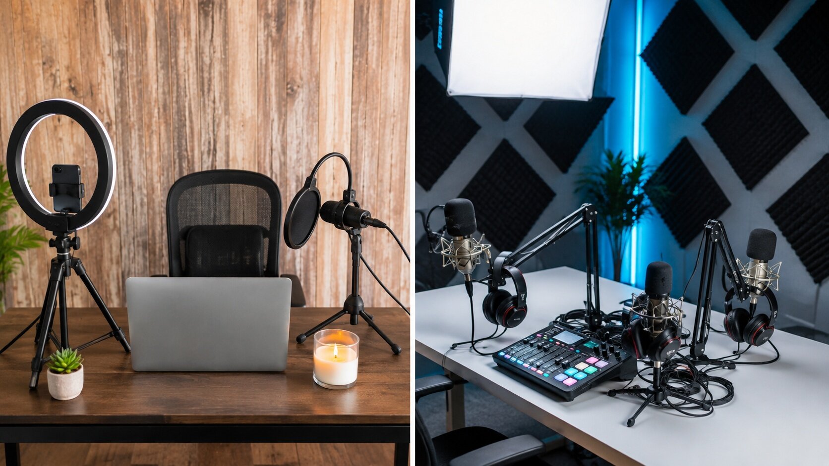 How to host a podcast using a simple beginner recording setup compared with a more advanced podcast studio.