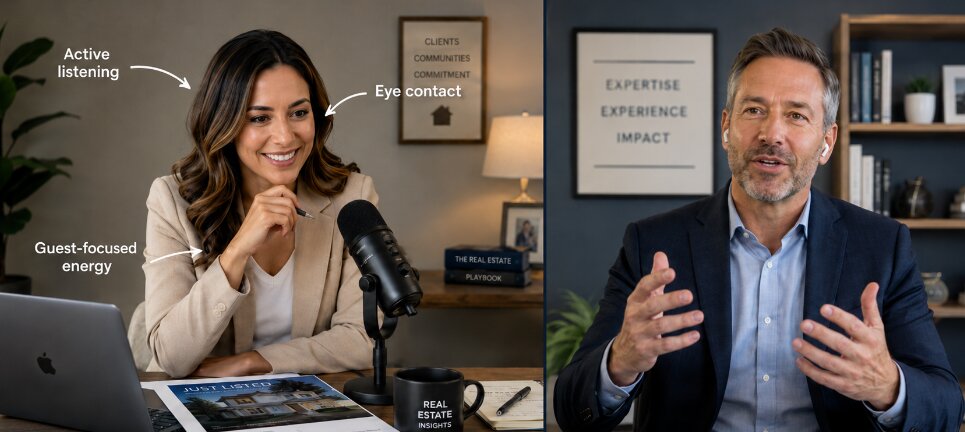 How to host a podcast with active listening, eye contact, and guest-focused energy during an interview.