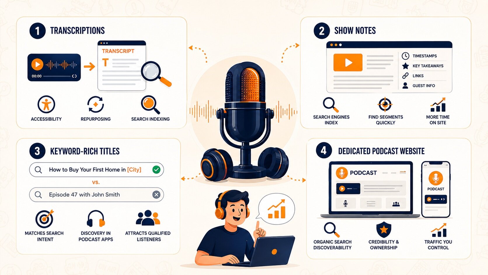 How to promote a podcast in real estate using transcriptions, show notes, keyword-rich titles, and a dedicated podcast website