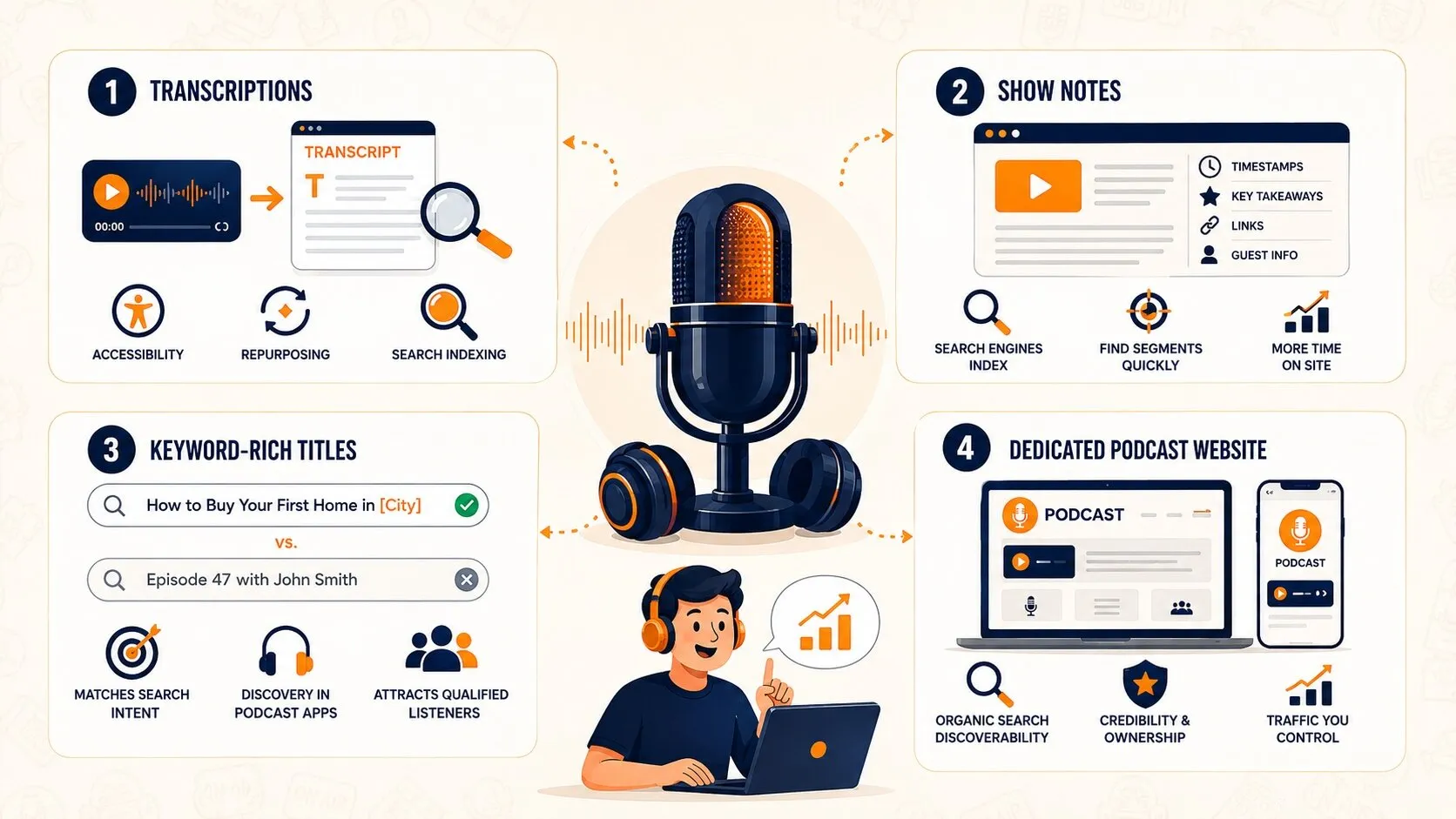 How to promote a podcast in real estate using transcriptions, show notes, keyword-rich titles, and a dedicated podcast website