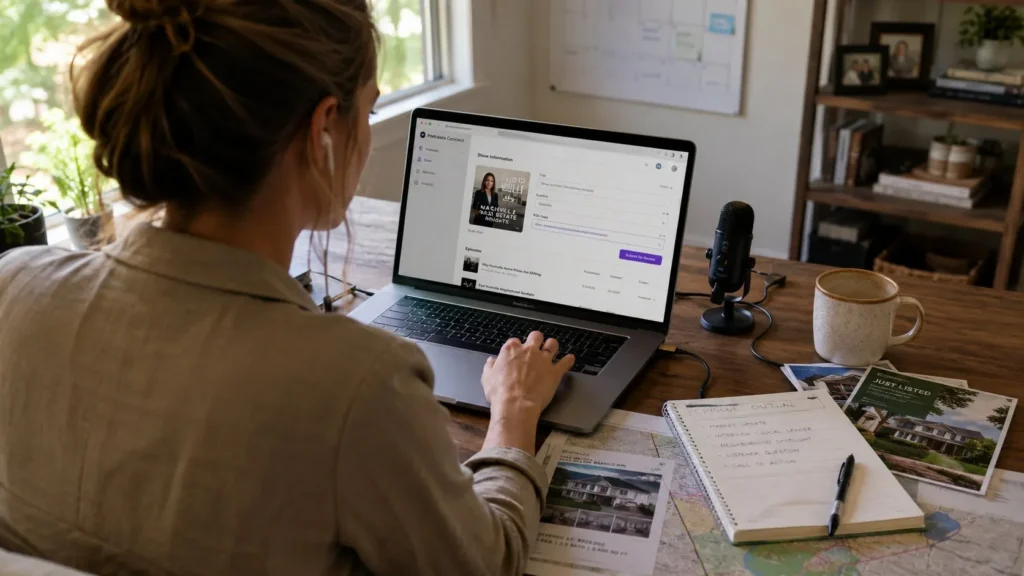 How to start a podcast on Apple as a realtor using Apple Podcasts Connect from a simple home office setup.